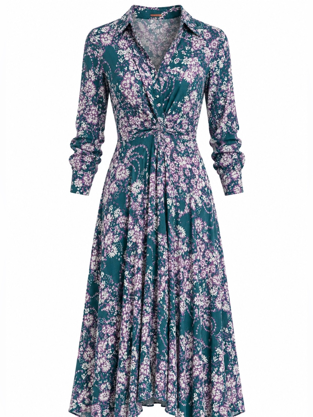 Free People Tough Love Shirtdress Teal Purple Floral Twist Front Midi Maxi Dress